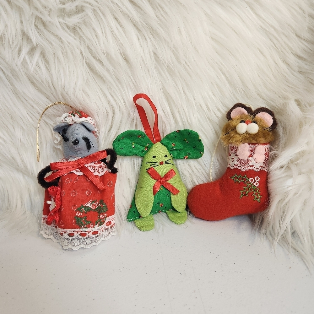 Vintage Fabric Christmas Tree Ornament Lot Mouse Cat Mice Kitsch 1980s Farmhouse